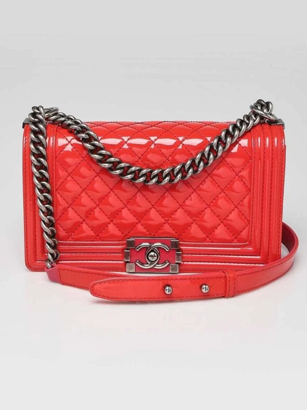 Chanel Dark Pink Quilted Patent Leather Medium Plexiglass Boy Bag